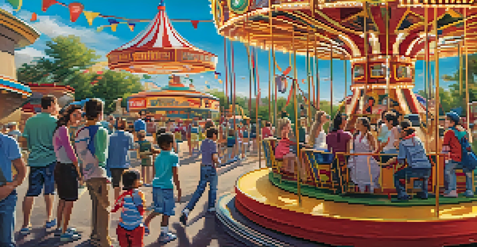 A diverse family enjoying a colorful carousel ride at Six Flags Fiesta Texas with roller coasters in the background.
