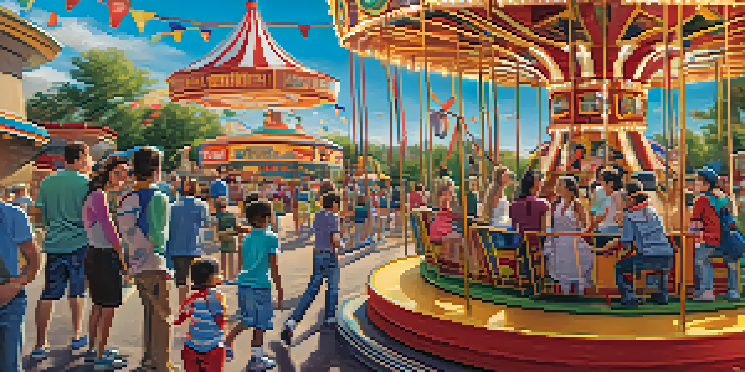 A diverse family enjoying a colorful carousel ride at Six Flags Fiesta Texas with roller coasters in the background.