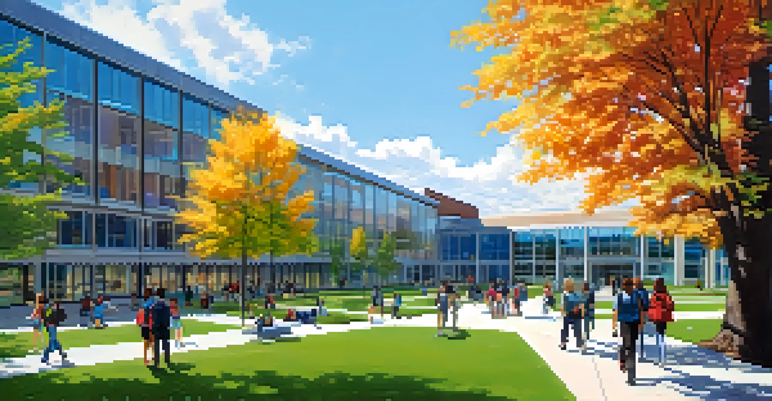 Students walking on a community college campus with modern buildings and green spaces, under a clear blue sky.