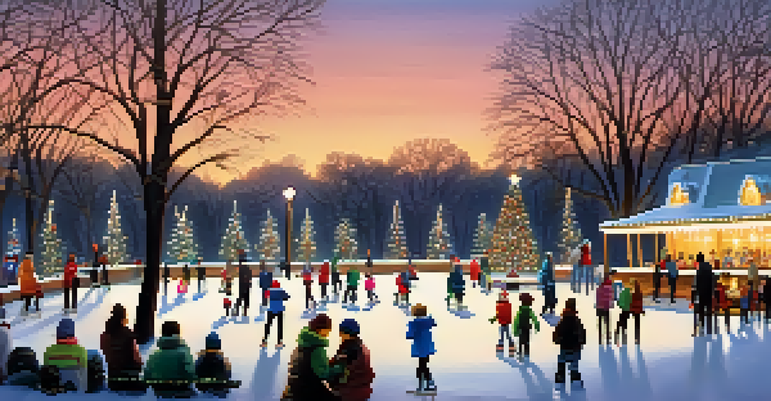 A tranquil winter park scene adorned with holiday lights, families enjoying hot cocoa, and children skating on a small ice rink.