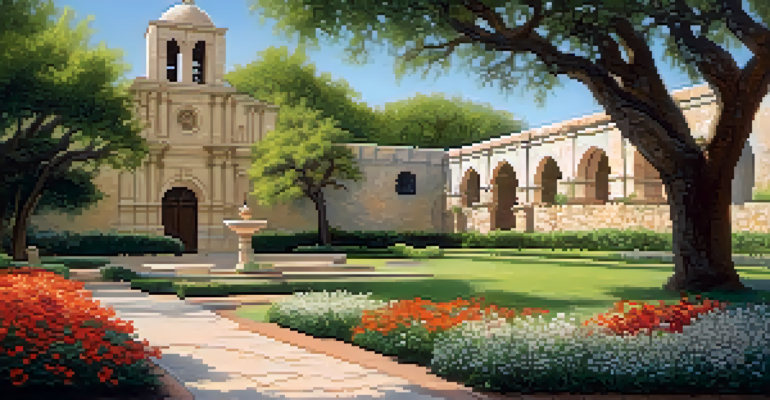 A serene garden area at the Alamo with blooming flowers, a pathway leading to the chapel, and sunlight filtering through the trees.