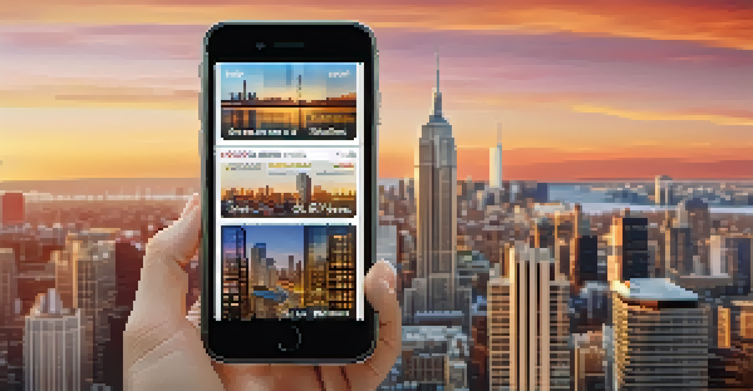 A smartphone showcasing a real estate app with listings, set against a city skyline backdrop at sunset.