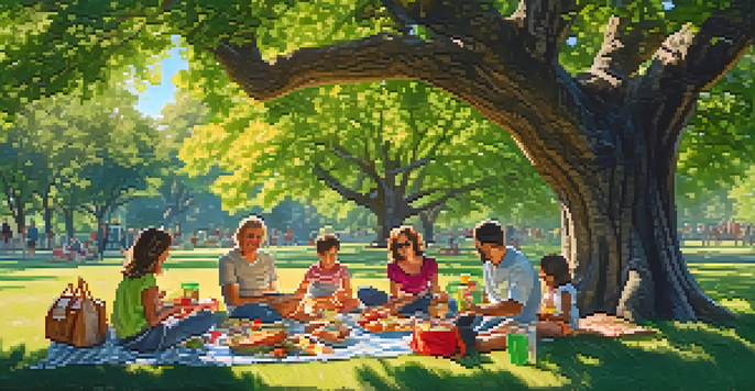 A family enjoying a picnic under an oak tree, with a blanket full of food and children playing nearby.