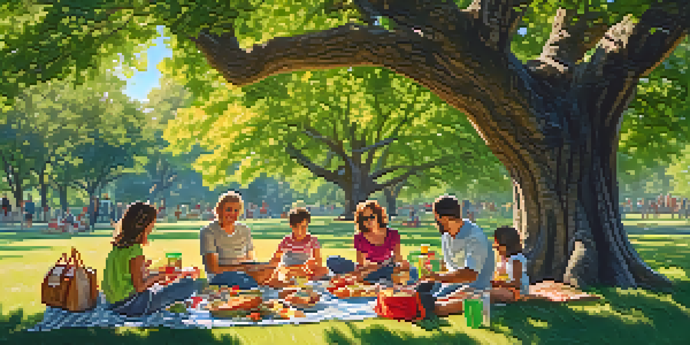 A family enjoying a picnic under an oak tree, with a blanket full of food and children playing nearby.