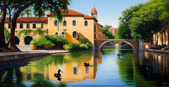 A peaceful river scene in San Antonio with colonial buildings and greenery under golden sunlight.