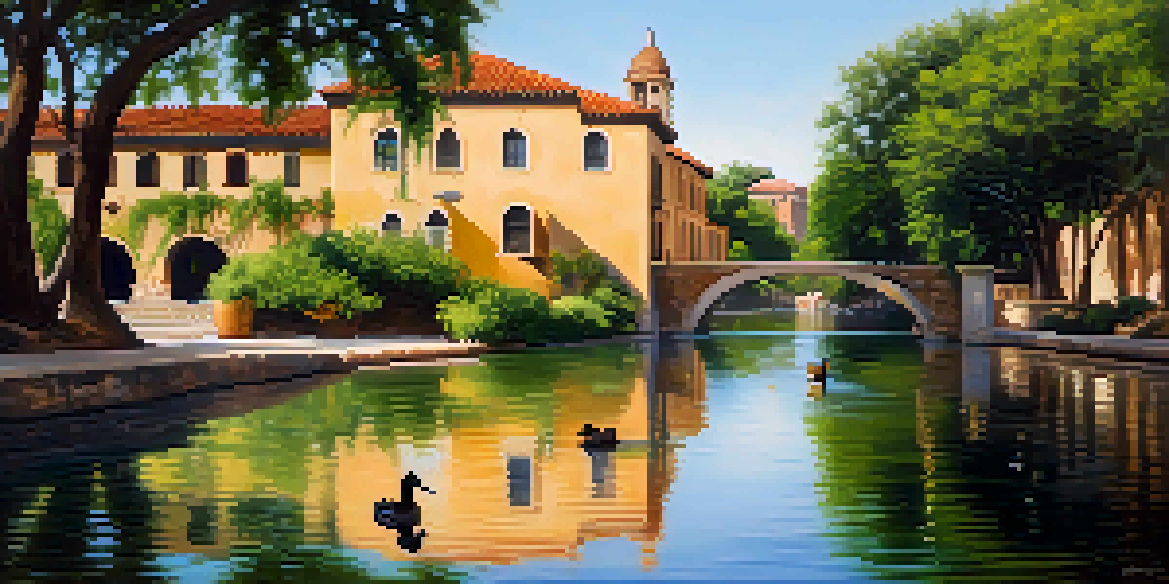 A peaceful river scene in San Antonio with colonial buildings and greenery under golden sunlight.