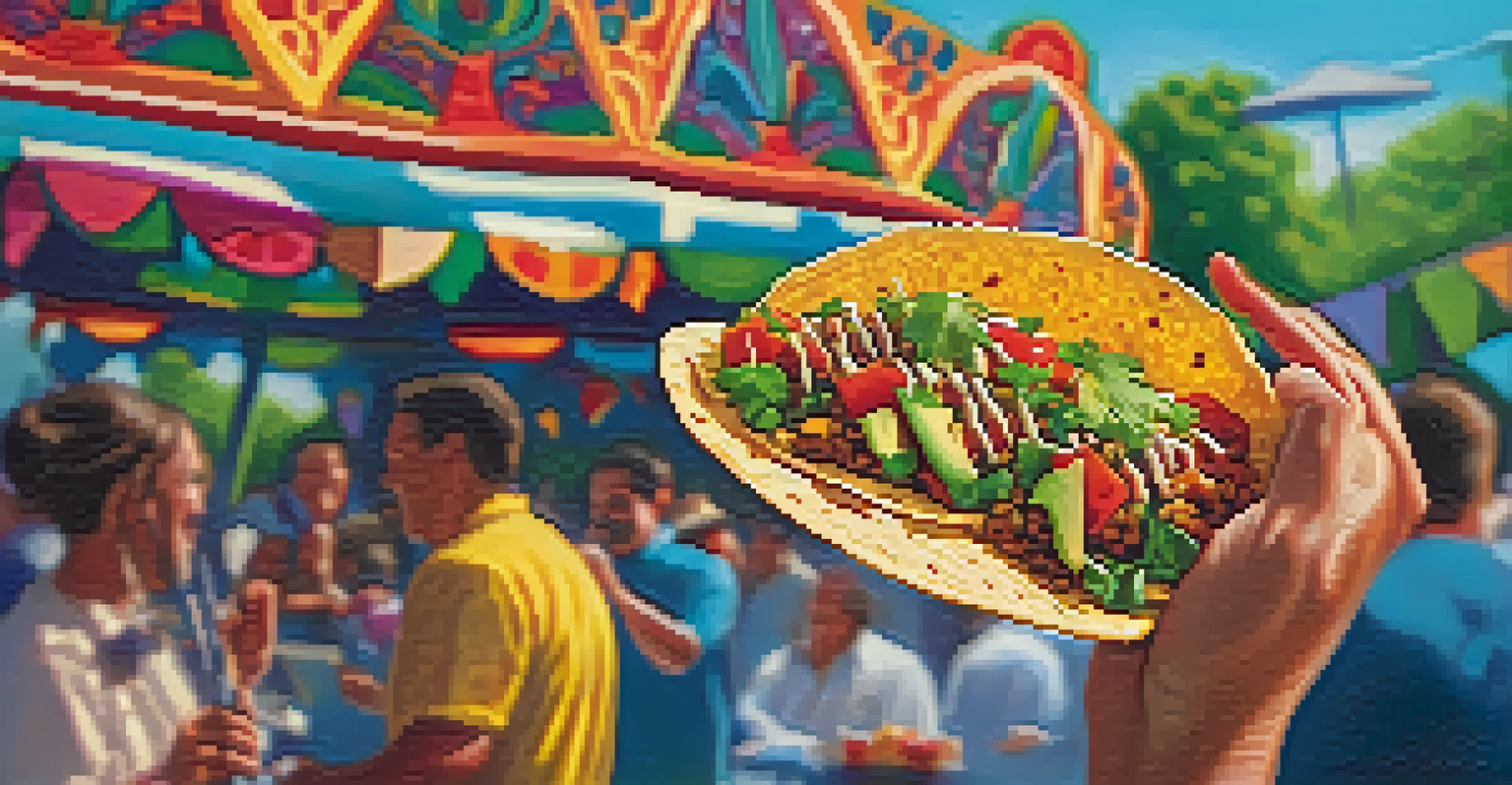 A close-up of a tasty Tex-Mex taco held by a festival-goer, with musicians playing jazz in the background.