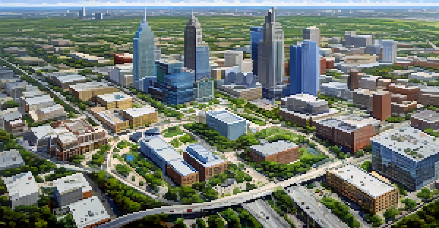 Aerial view of San Antonio's Texas Innovation Corridor, showcasing modern architecture, green spaces, and a clear blue sky.