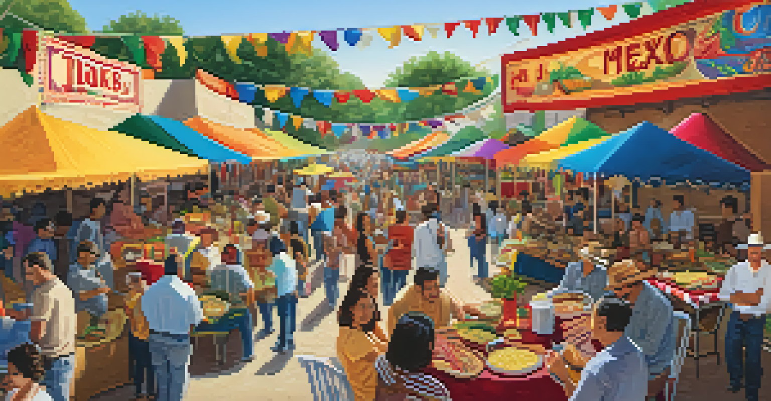 An outdoor Tex-Mex festival in San Antonio with food stalls, people enjoying tacos and queso dip, and colorful decorations enhancing the festive atmosphere.