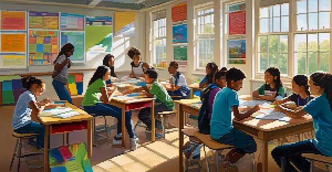 A diverse group of middle school students collaborating in a brightly lit classroom, surrounded by educational materials and colorful posters.