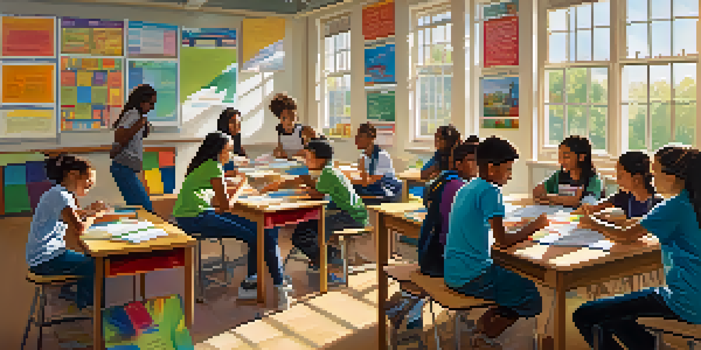 A diverse group of middle school students collaborating in a brightly lit classroom, surrounded by educational materials and colorful posters.