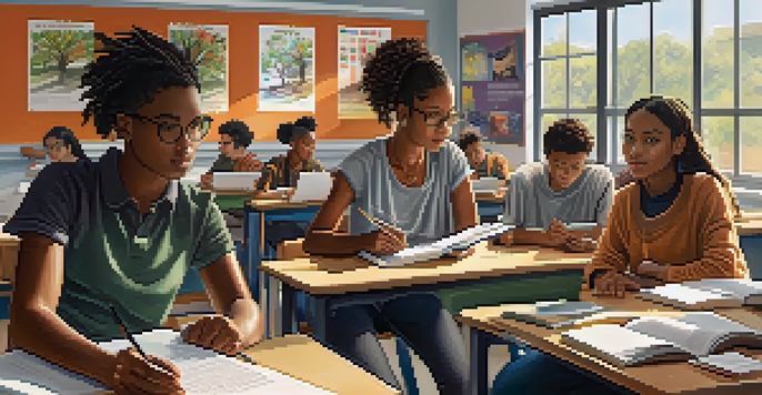 A diverse group of students studying in a well-lit community college classroom, engaged with their laptops and books.