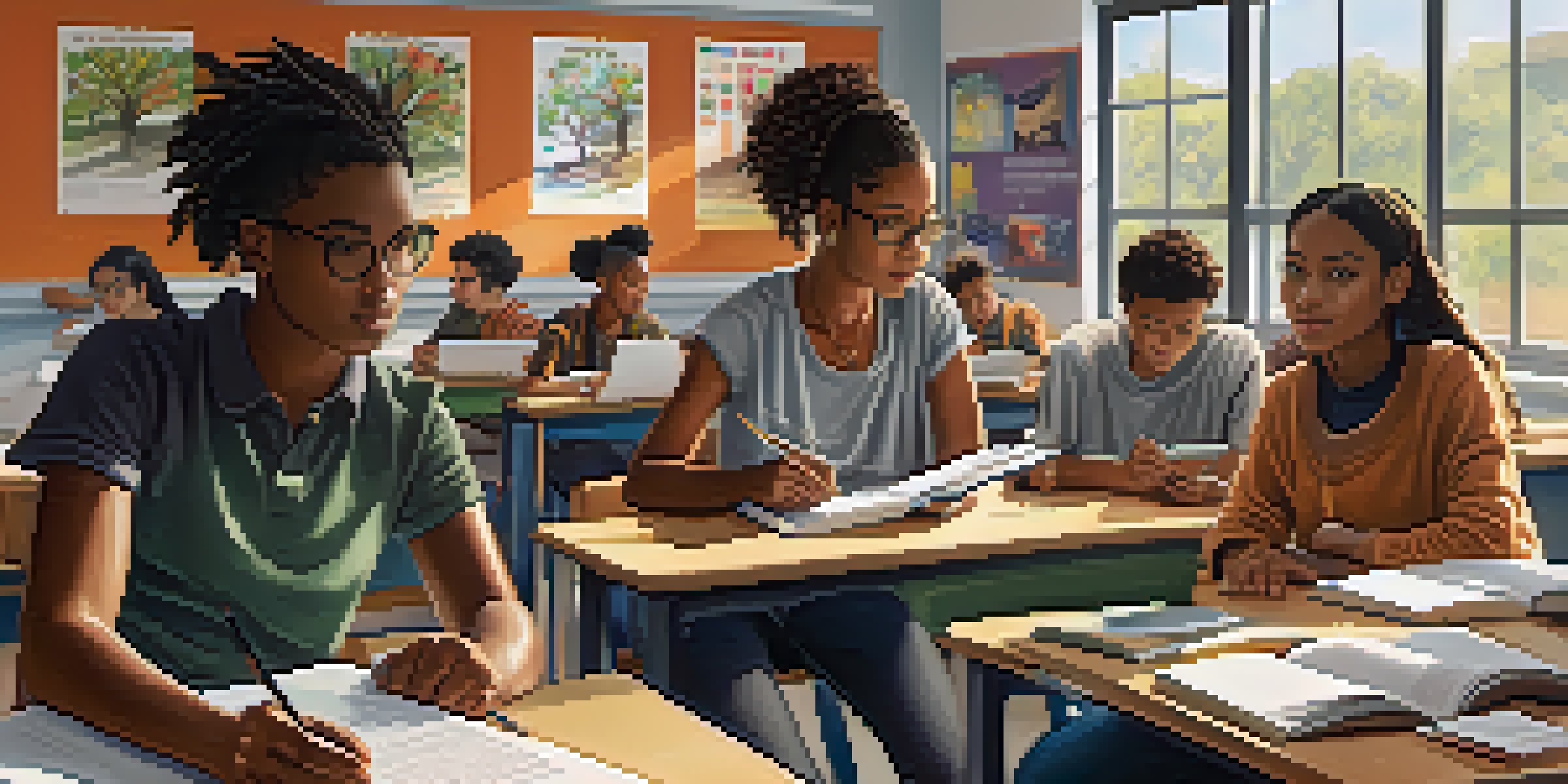 A diverse group of students studying in a well-lit community college classroom, engaged with their laptops and books.