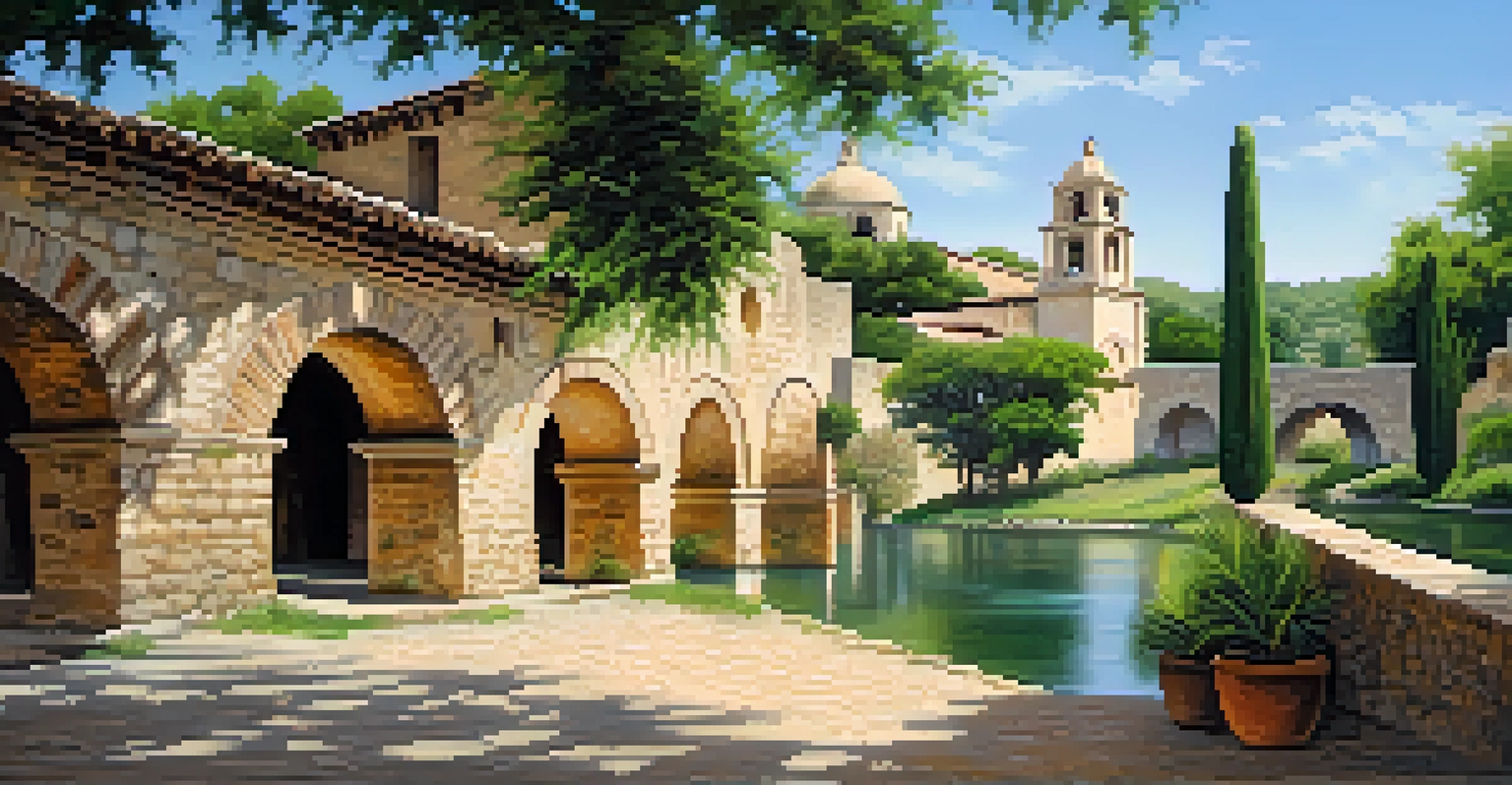 Mission Concepción surrounded by greenery and a clear sky, showcasing its preserved frescoes.