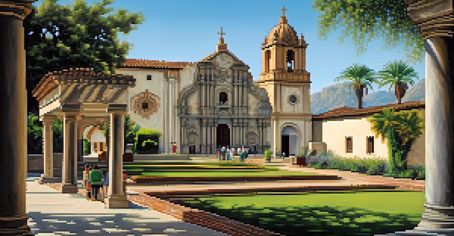 A detailed view of Mission San José, showcasing its Spanish colonial architecture and lush gardens under a clear blue sky.