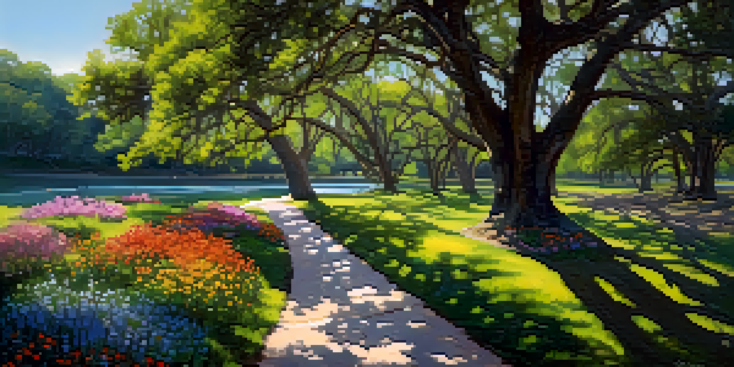 A picturesque scene of Brackenridge Park featuring blooming wildflowers, tall trees, and a tranquil pond under sunlight.