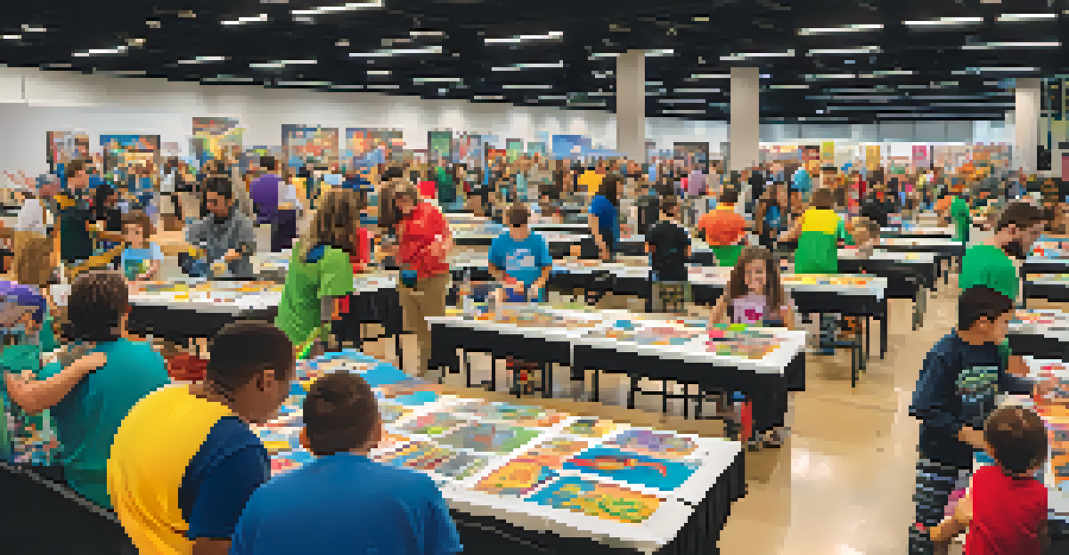 Children crafting superhero masks at a family-friendly area in a comic convention, surrounded by colorful supplies.