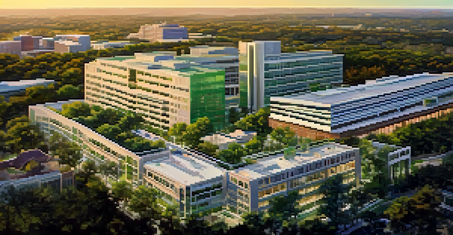 An aerial view of San Antonio's Medical Center showing hospital complexes and research facilities surrounded by green spaces, taken during golden hour.