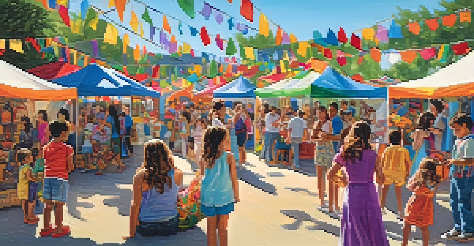 Families enjoying an outdoor Fiesta art event, with colorful installations and local artists showcasing their work, creating a vibrant and engaging atmosphere.