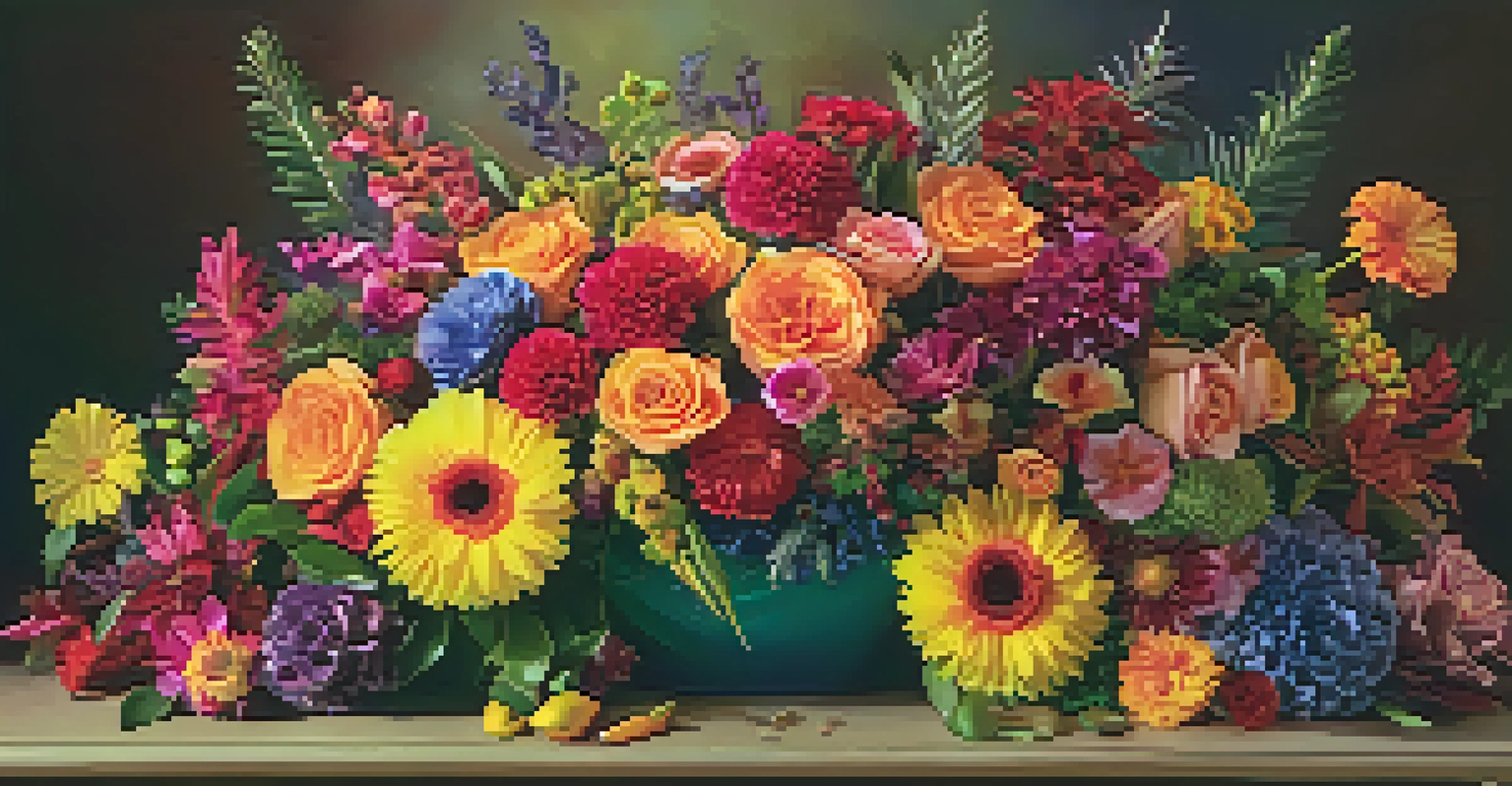 A collection of beautiful floral arrangements in various colors and designs displayed for a competition, highlighting the artistry of local florists.