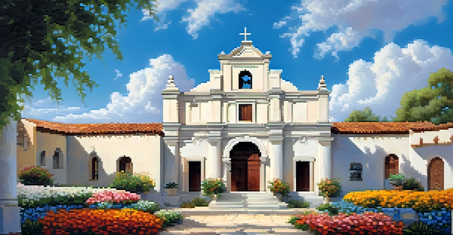 A detailed view of Mission San José with beautiful architecture and colorful flowers.