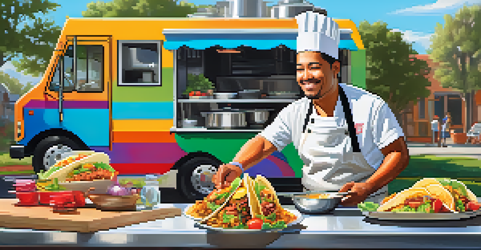 A food truck chef joyfully preparing breakfast tacos with fresh ingredients on a sunny morning.