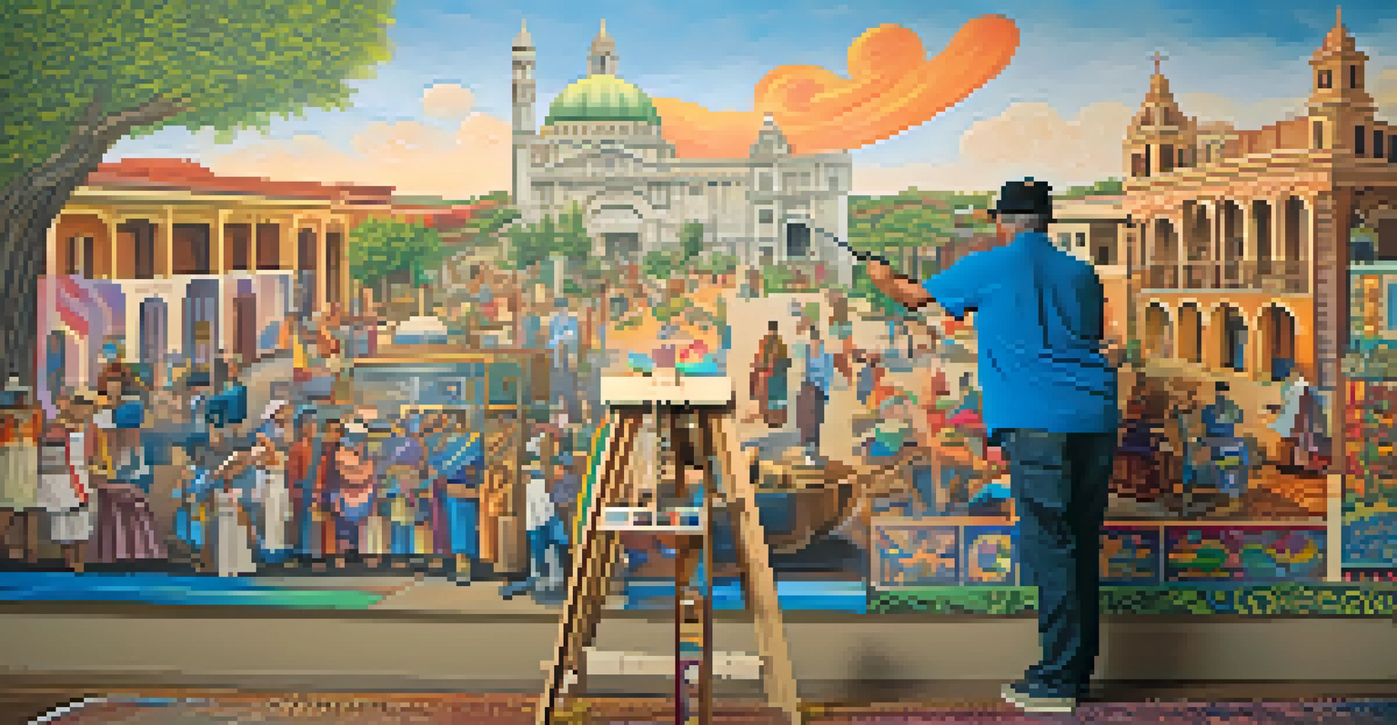 An artist creating a mural that combines traditional and contemporary elements, showcasing San Antonio's history.