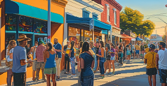A lively street scene in San Antonio with colorful murals, local artists, and art enthusiasts during a First Friday event.