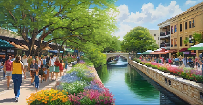A picturesque view of the San Antonio River Walk in spring, filled with blooming wildflowers, families walking, and warm sunlight illuminating the area.