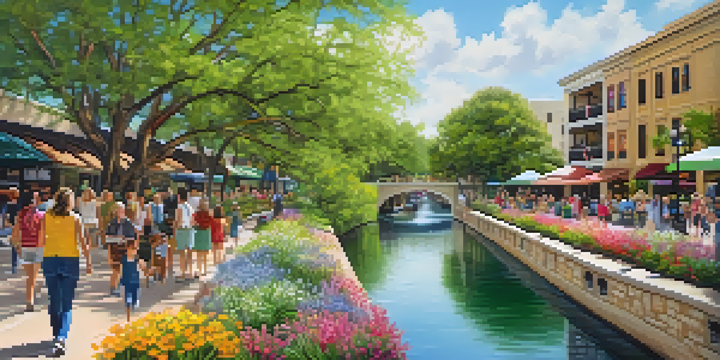 A picturesque view of the San Antonio River Walk in spring, filled with blooming wildflowers, families walking, and warm sunlight illuminating the area.