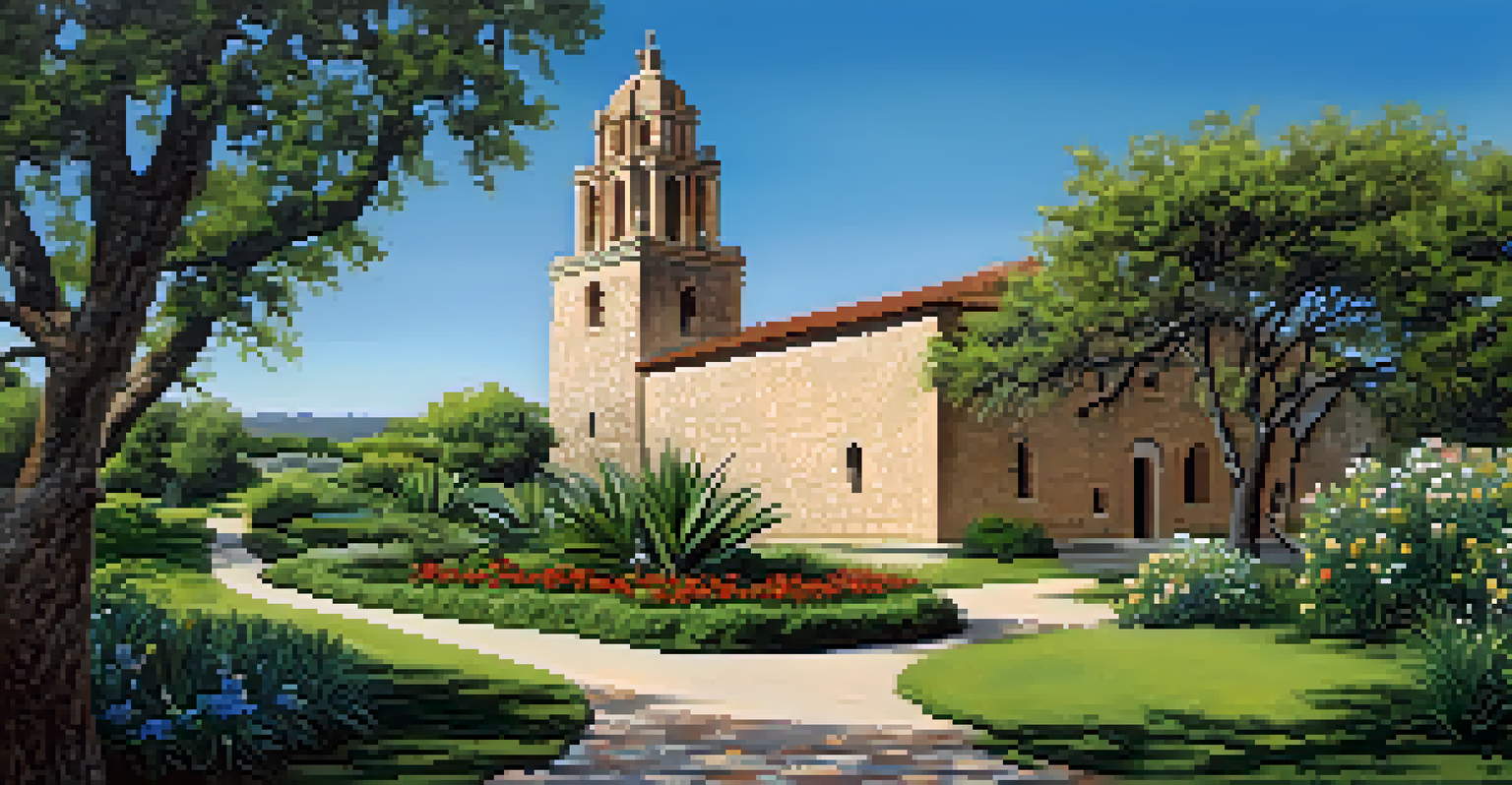 A historic mission building along a scenic hiking trail, surrounded by blooming flowers and greenery under a blue sky.