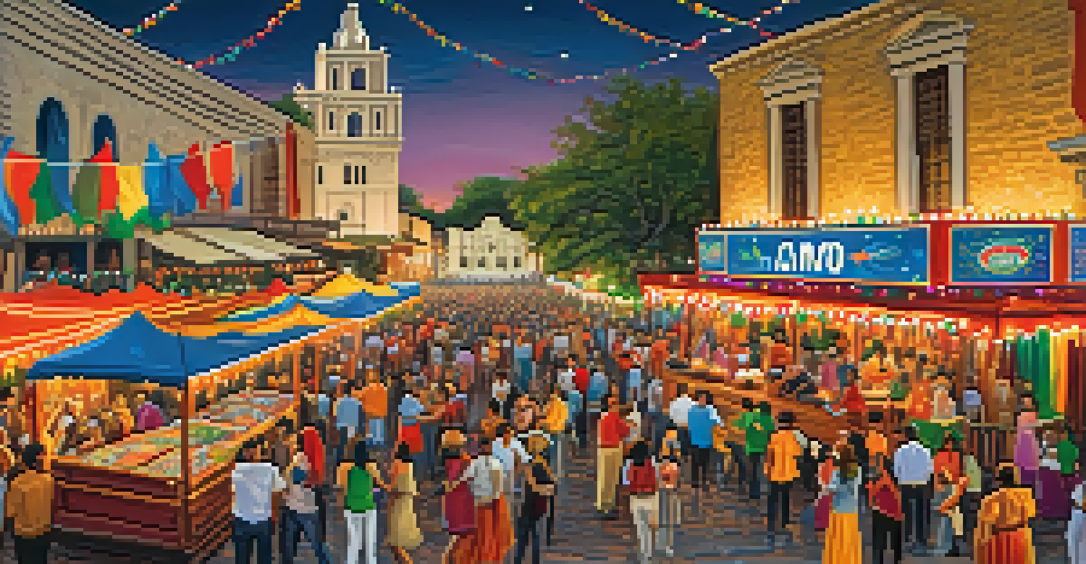 A vibrant festival in San Antonio with decorations, food stalls, and people enjoying music and dance, with the Alamo in the background.