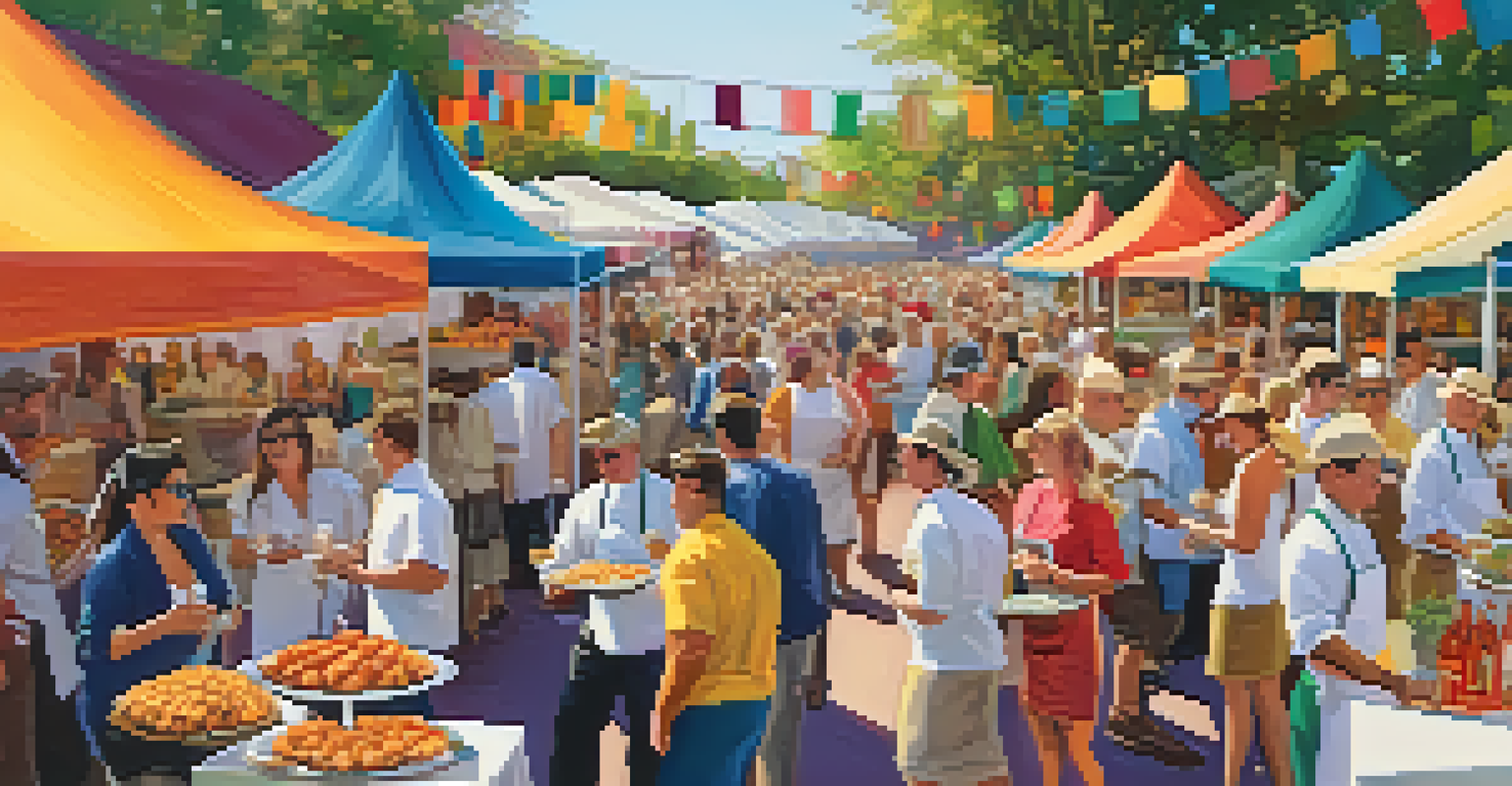 A culinary festival scene with chefs presenting dishes, attendees sampling food, and colorful decorations.