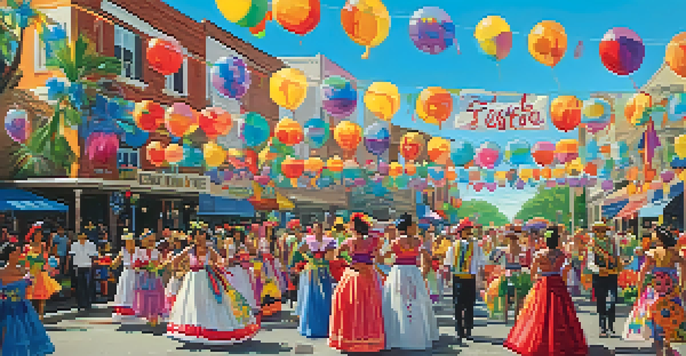 A lively parade featuring flower-adorned floats and dancers in colorful costumes, with a cheerful crowd enjoying the festivities under a blue sky.