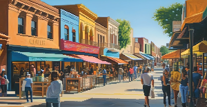 A lively street in San Antonio with small businesses, colorful storefronts, and diverse people engaging in community activities under bright sunlight.