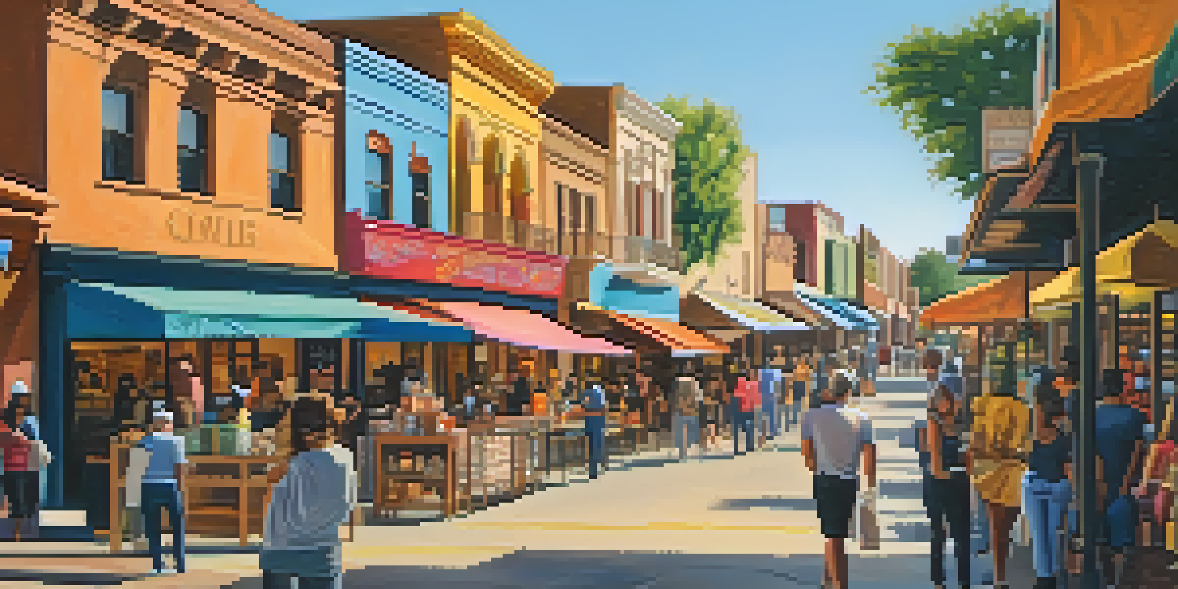 A lively street in San Antonio with small businesses, colorful storefronts, and diverse people engaging in community activities under bright sunlight.