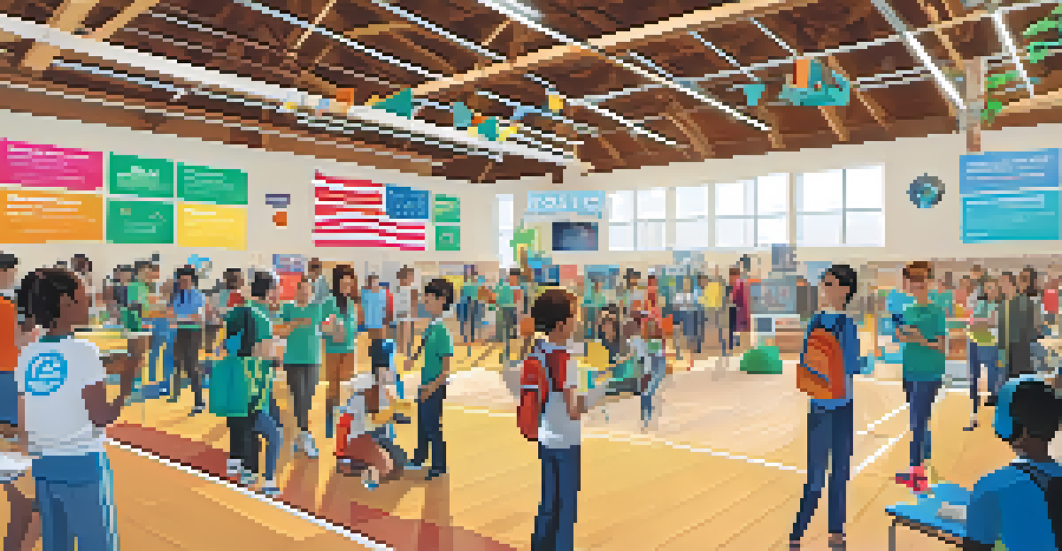 Students interacting with technology at a community partnership event in a school gym.