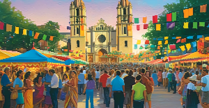 A lively festival scene in San Antonio with colorful decorations and people in traditional clothing enjoying local food.
