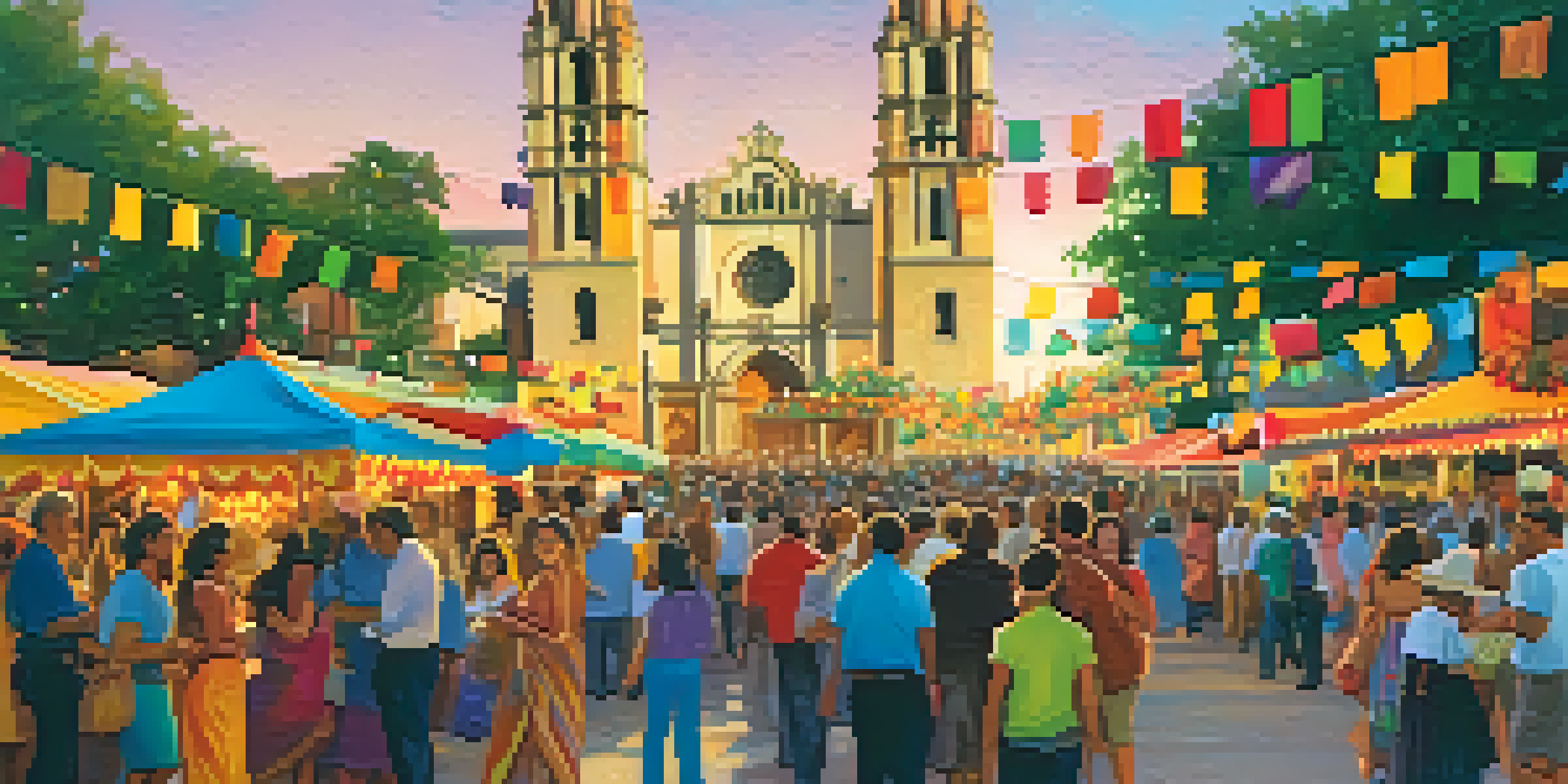 A lively festival scene in San Antonio with colorful decorations and people in traditional clothing enjoying local food.