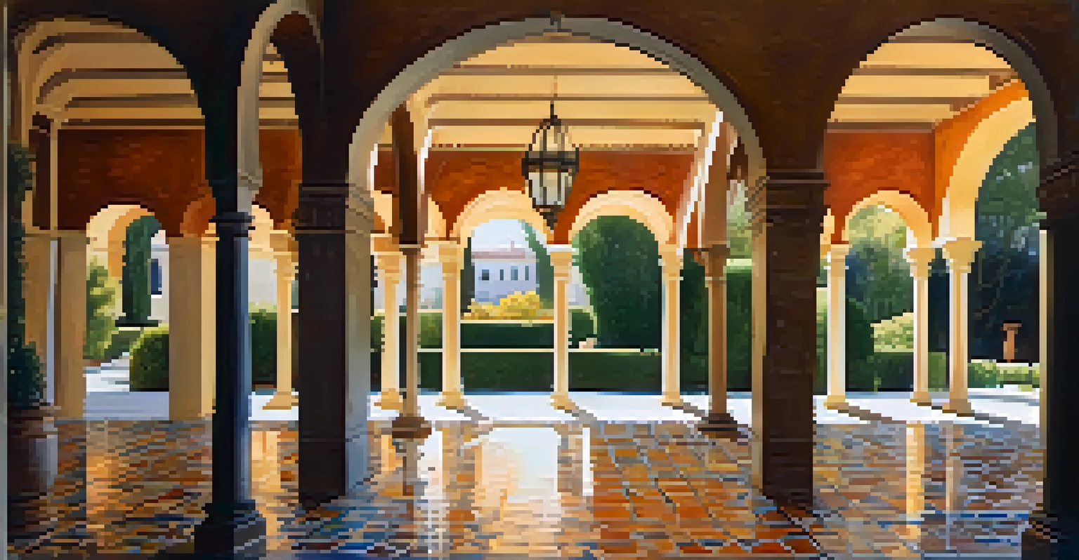 An intimate view of the serene courtyard of the Spanish Governor's Palace framed by arches and adorned with colorful tiles under dappled sunlight.