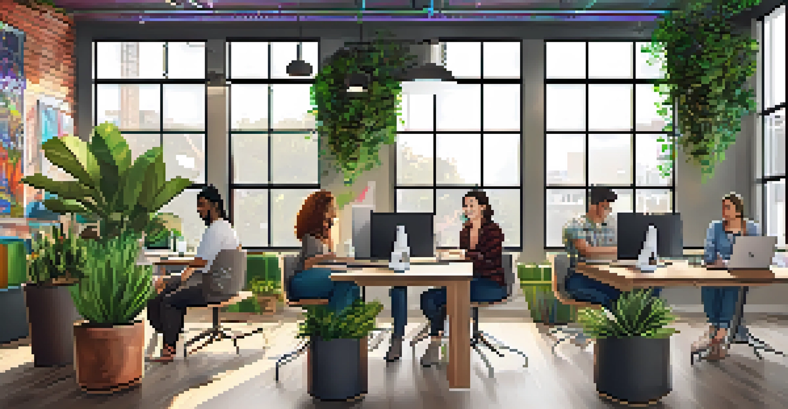 A modern co-working space in San Antonio with professionals collaborating, colorful decor, and natural light.