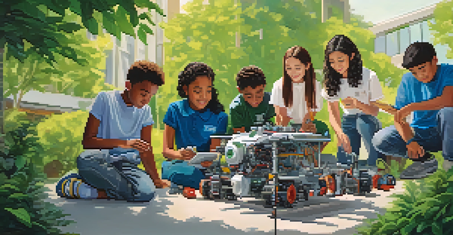 A group of diverse students from a STEM school working together on a robotics project outdoors, with tools and a modern school building in the background.