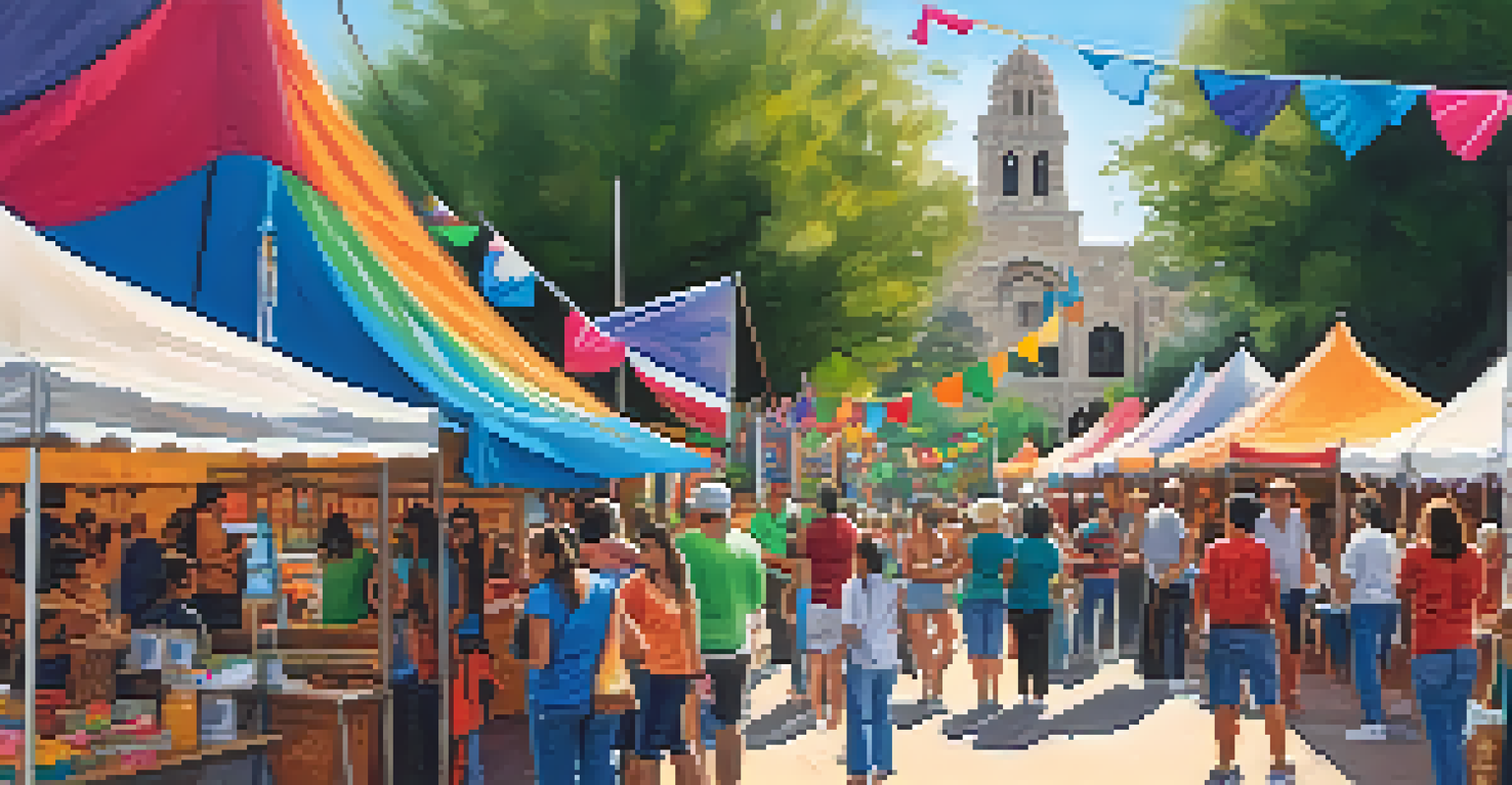 A lively cultural festival in San Antonio showcasing small business stalls with crafts and food, filled with people enjoying music and festivities.