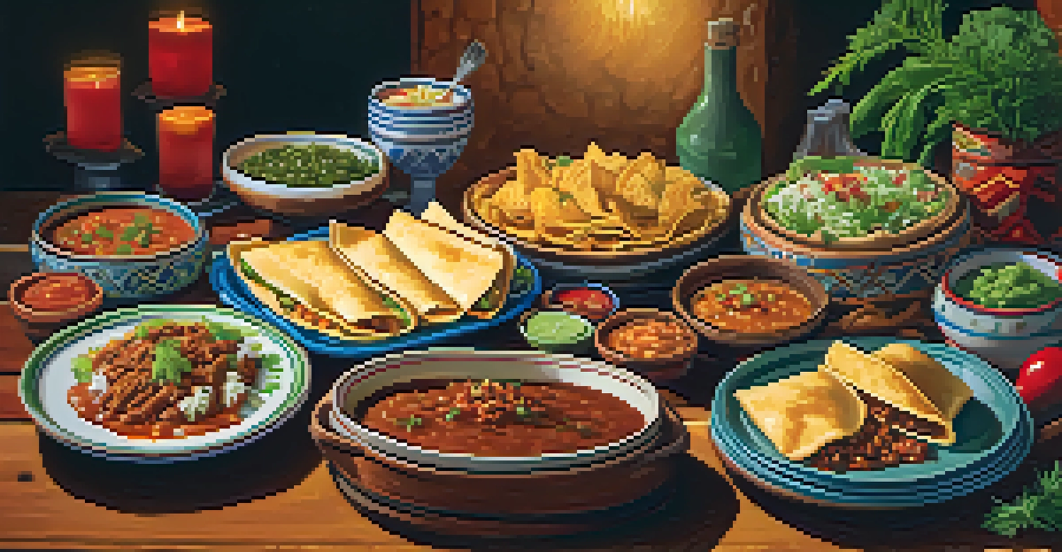 A table filled with traditional Tejano dishes like tacos, enchiladas, and tamales, set in a warm, rustic environment.