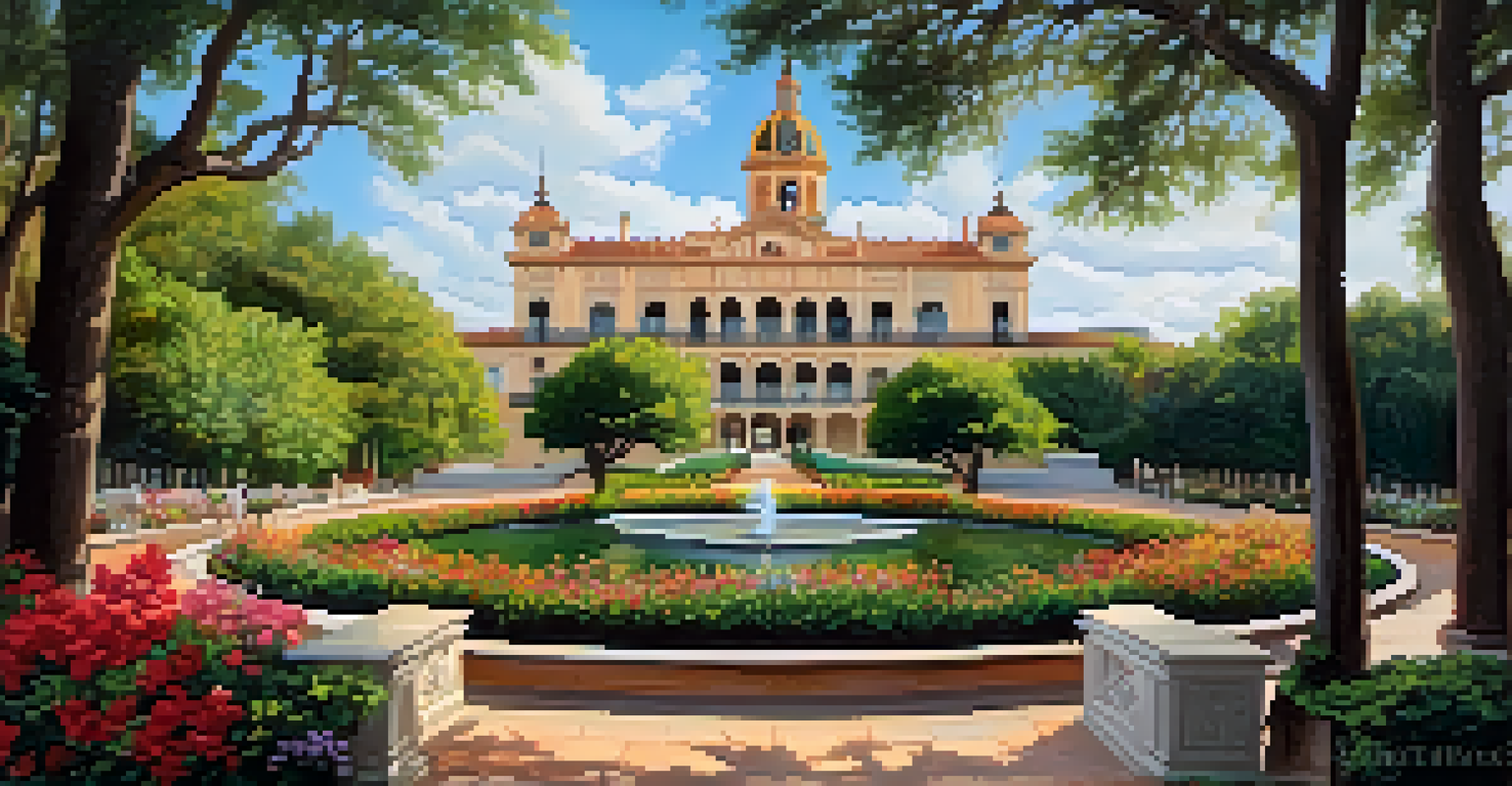 A scenic view of the Spanish Governor’s Palace surrounded by gardens, with warm sunlight highlighting the architecture.