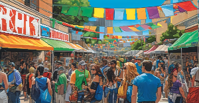 A lively comic convention with fans in costumes exploring vendor booths filled with colorful merchandise.