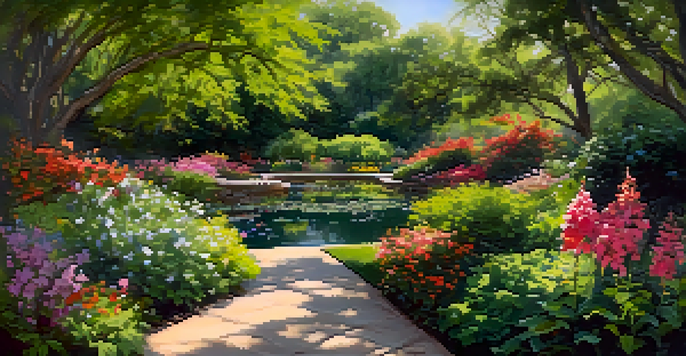 A colorful garden with blooming flowers, lush plants, and a koi pond under sunlight.
