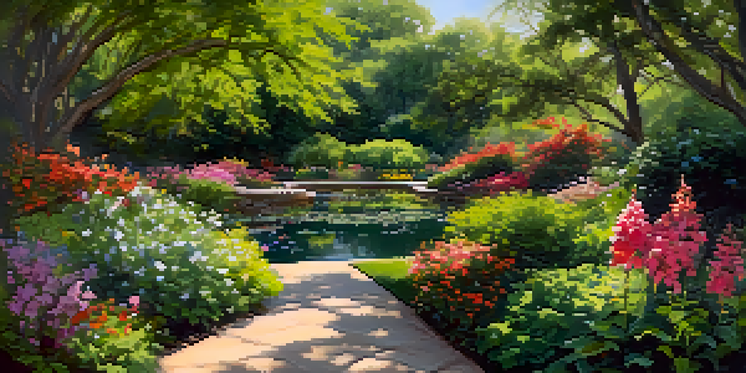 A colorful garden with blooming flowers, lush plants, and a koi pond under sunlight.