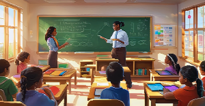 A classroom with a teacher using an interactive whiteboard and students using tablets, with sunlight streaming through the windows.