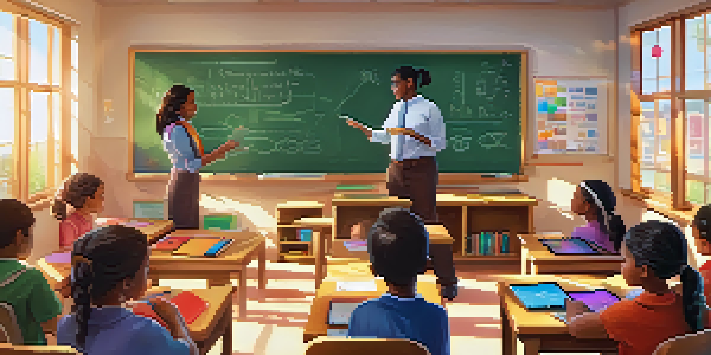 A classroom with a teacher using an interactive whiteboard and students using tablets, with sunlight streaming through the windows.